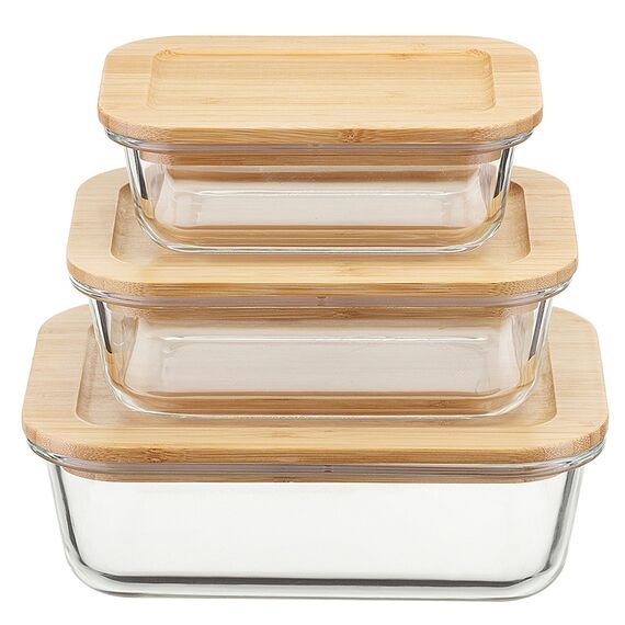Набор стеклянных прямоугольных контейнеров с бамбуковыми крышками, 3 шт., Smart Solutions